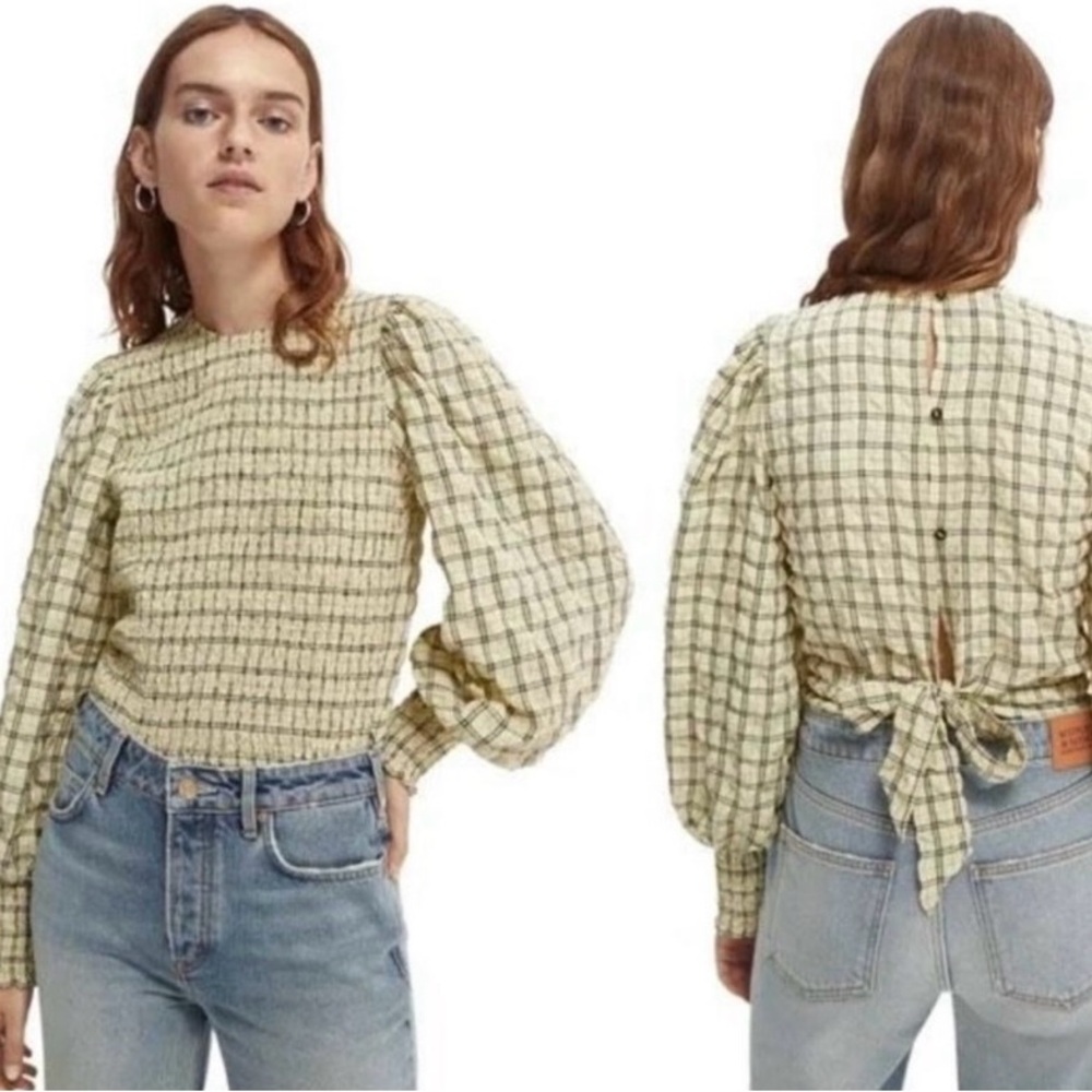 SOLD__Scotch & Soda | Smocked Tie-back Blouse Neutral Motif S - Picture 11 of 11
